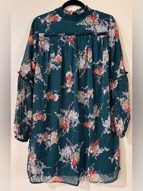 Japna Floral Clip Dot Mock Neck Tiered Shift Dress Teal Green NWT Large